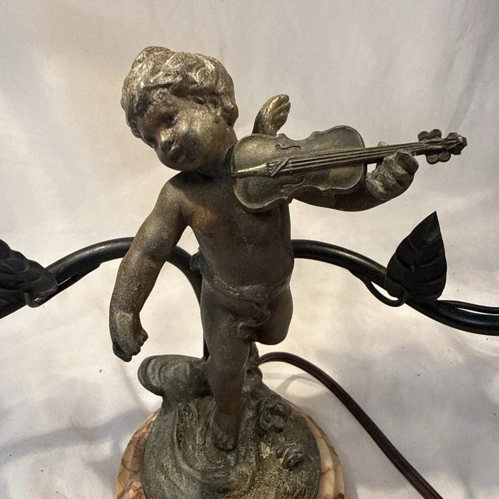 VTG Figural Cherub Double Arm Table Lamp Spelter Marble Base Art Nouveau Style